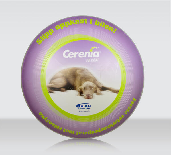 Give away, frisbee för läkemedlet Cerenia som motverkar illamående och kräkningar hos hund