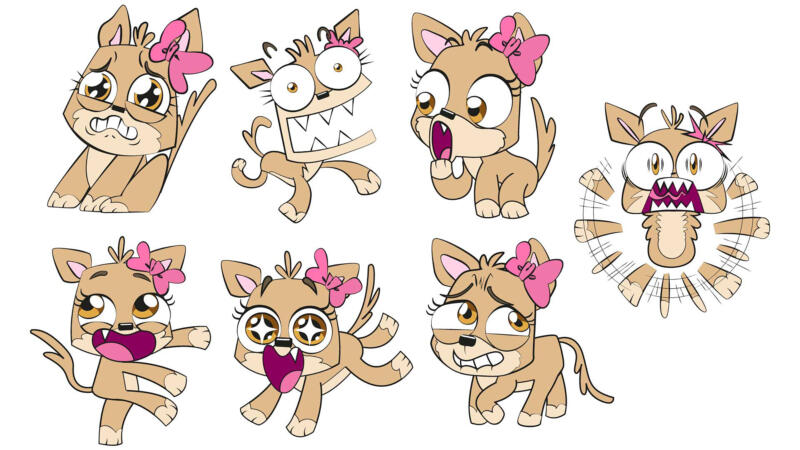 Vektorgrafik av gullig hund med stora ögon som gör extrema uttryck i cartoon och mangastil