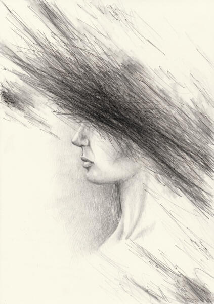 Svartvit teckning i blyerts och tush föreställande ett porträtt i profil på en person. Ansiktet och delar av bilden är överkluddade med skarpa linjer.  Endast personens nedre del av ansikte och hals är synligt.