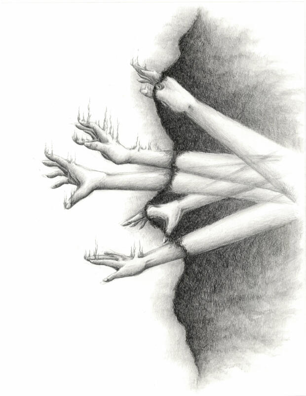 Abstrackt teckning i blyerts och tush föreställande 5 händer och armar i profil som pressar sig igenom ett mörker ut på andra sidan i ljuset. Fingarna som är på den ljusa sidan håller på att förångas eller fatta eld.