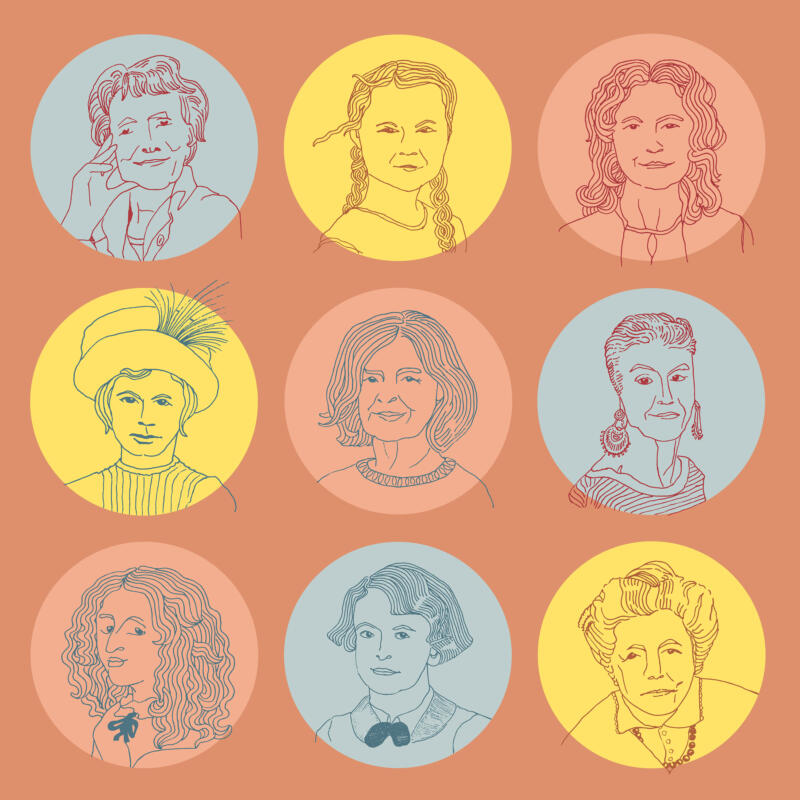 Alla 9 porträtt samlat på de kvinnliga legenderna. Laxfärgad bakgrund med blå, gula och aprikosa cirklar