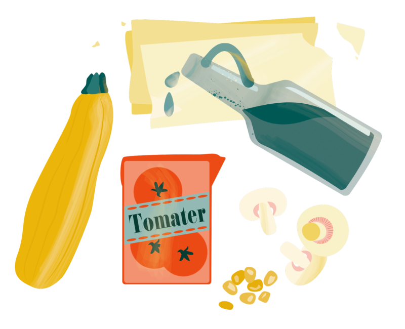 En gul zucchini, lasagenplattor, majskorn, champinjoner, en tetrapack tomater och en glaskanna med olja.