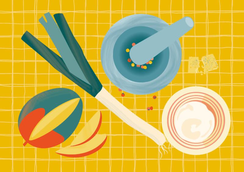 En digitalt och grafiskt illustrerad bild i glada färger såsom en mogen mango, en delad buljongtärning och creme fraiche