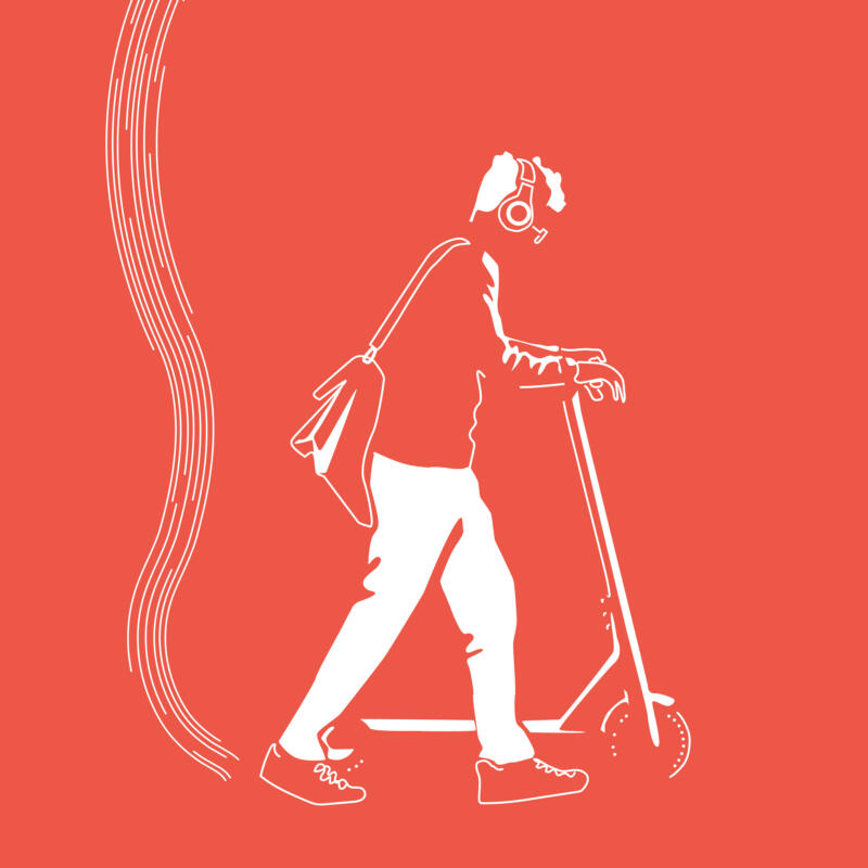 Illustration på en ung kille som ska parkera sin elsparkcykel. Han bär sneakers, axelremsväska och hörlurar. 