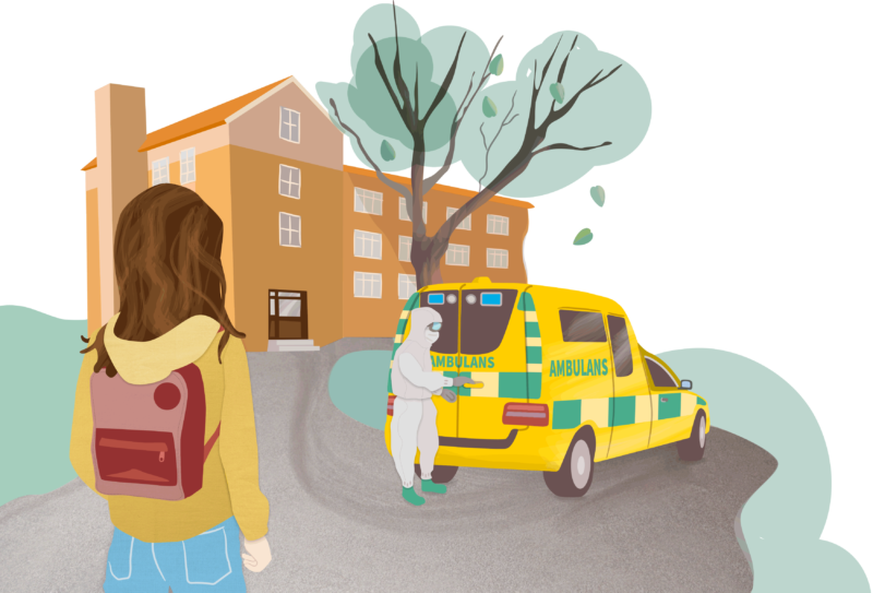 Ramona i gul jacka, tittar på en heltäckt sjukvårdare som stänger dörren till en ambulans. 