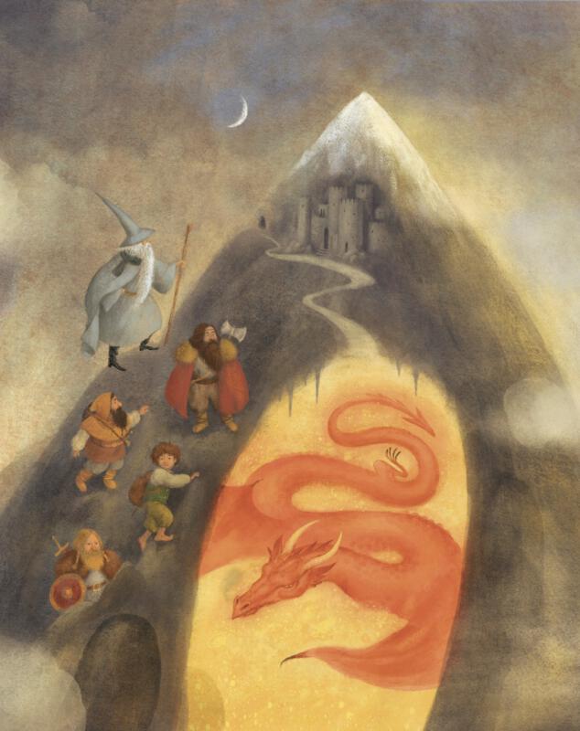 illustration av hobbit som klättrar upp för ett berg med ett slott och en drake