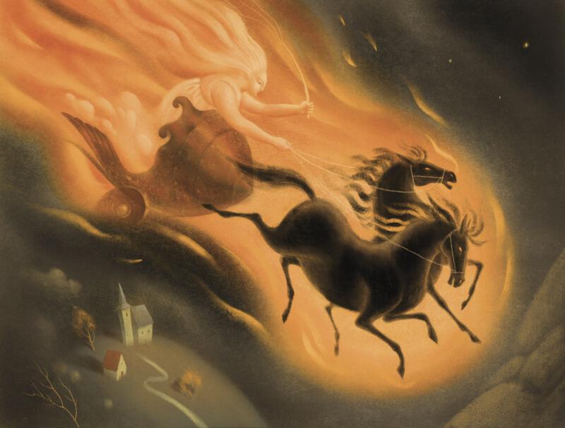 Illustration av en magisk häxa som flyger i en hästvagn genom himlen