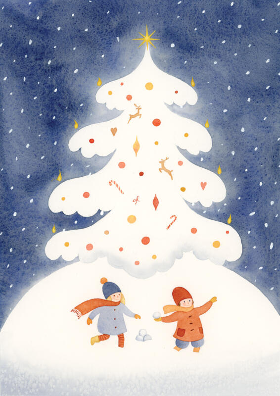 Illustration av två barn som leker framför en stor julgran