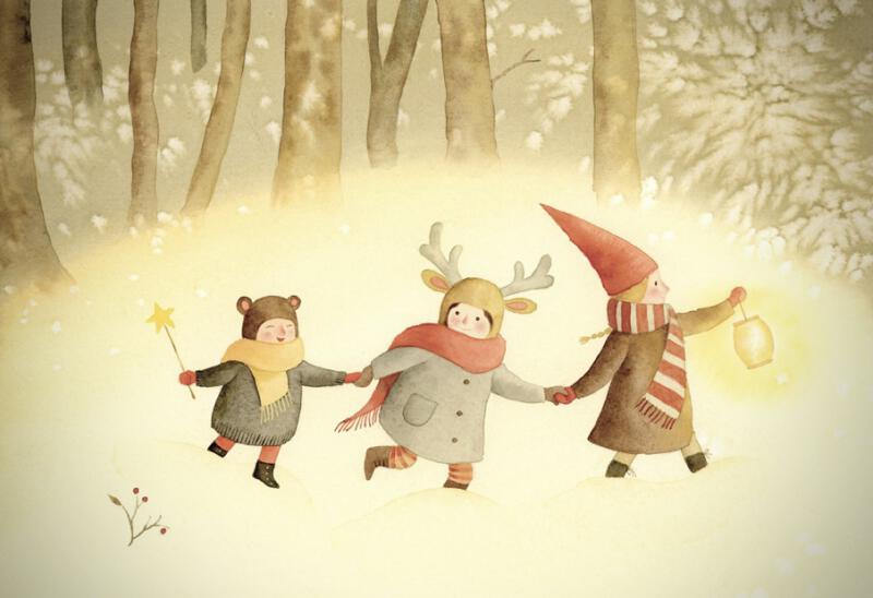 Illustration av barn som promenerar i snötäckt skog i juletid