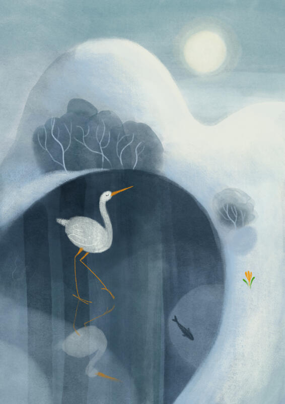 Digitalt illustration av en trana som står på en frusen sjö på vintern
