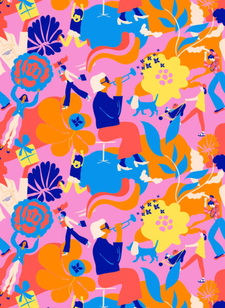 Mönster för Mors Dag, uppdragsgivare Kiehls. Kvinna blåser i trumpet, barn leker, blommönster, färgglatt, colorful and playful. Pattern for beauty brand in pink and orange.