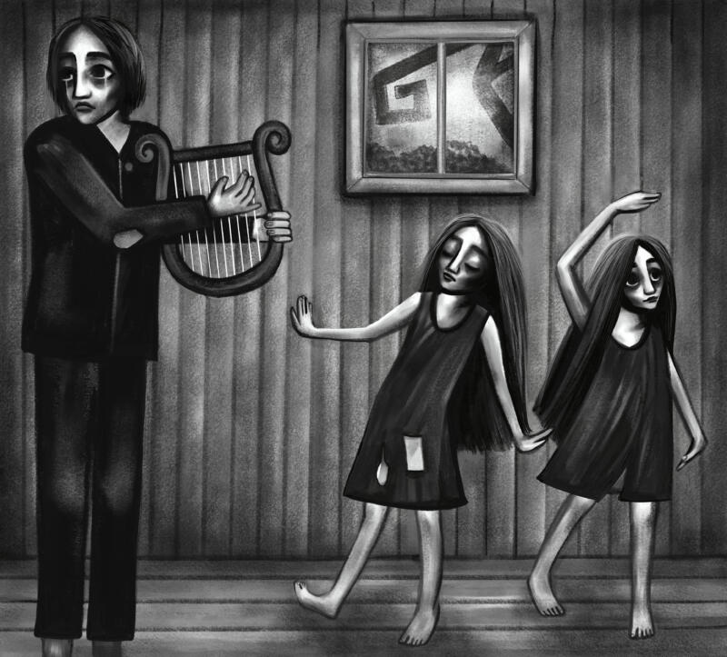Illustration aven fattig orolig pappa som spelar harpa för sina två döttrar som dansar en sista dans innan döden befriar dem från lidandet. Digital målning av Hedvig Wisselgren.