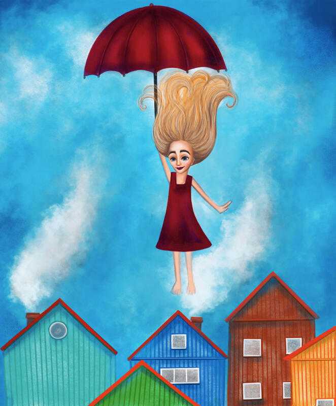 Illustration av flygtur med paraply.