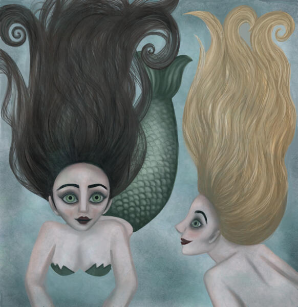 Illustration av sjöjungfrur i vatten. Digital målning av Hedvig Wisselgren.