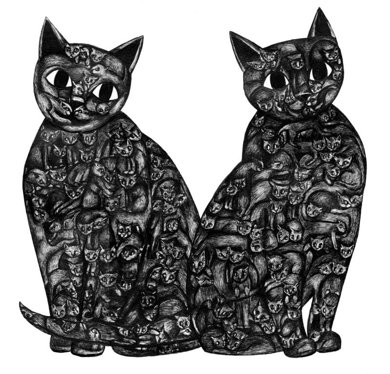 Illustration av många katter i två katter. Bläckillustration av Hedvig Wisselgren.