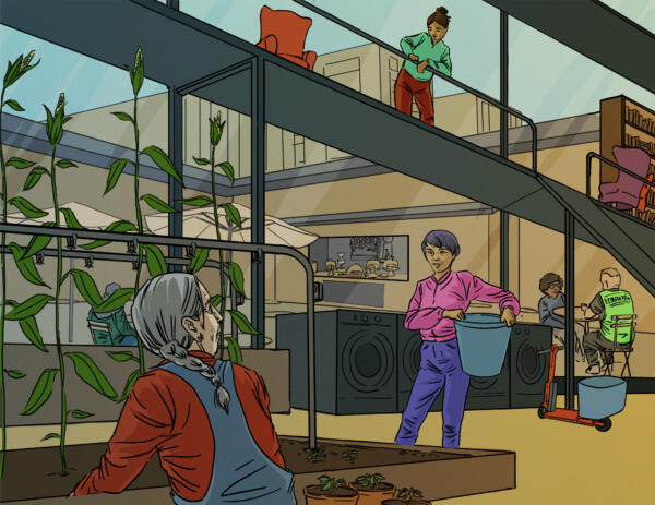People interacting in a somewhat futuristic community centre