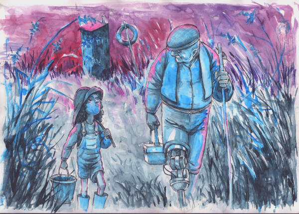 surreal color painting of a girl and an old man walking carrying fishing equipment