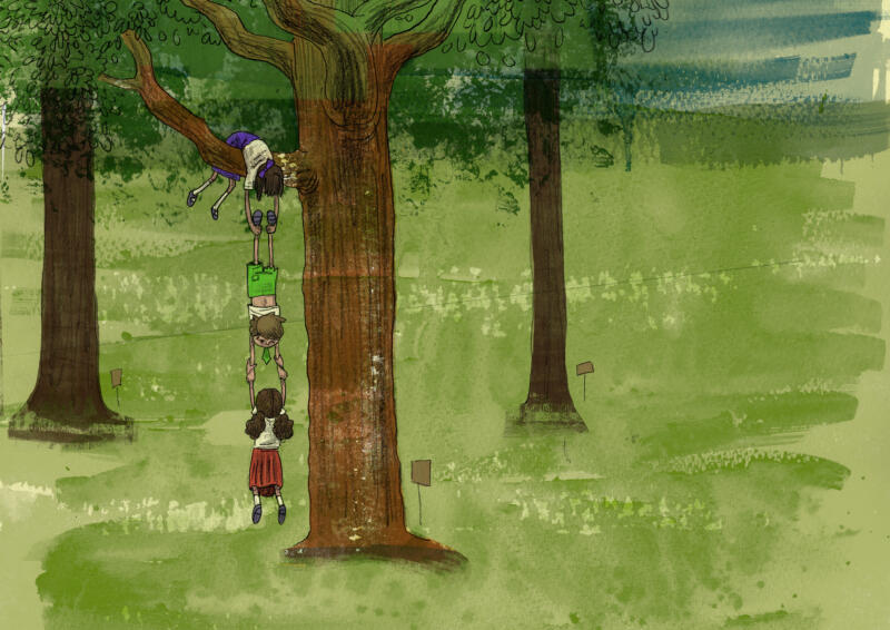 Three kids climbing a high tree
