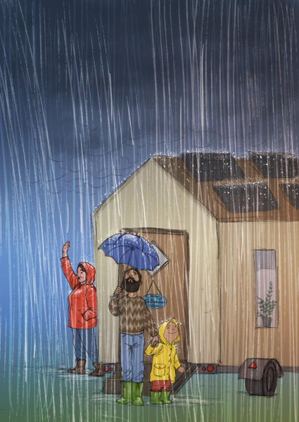 A family standing in the rain outside their trailer