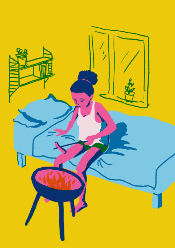 Woman barbecuing a sausage right next to her bed