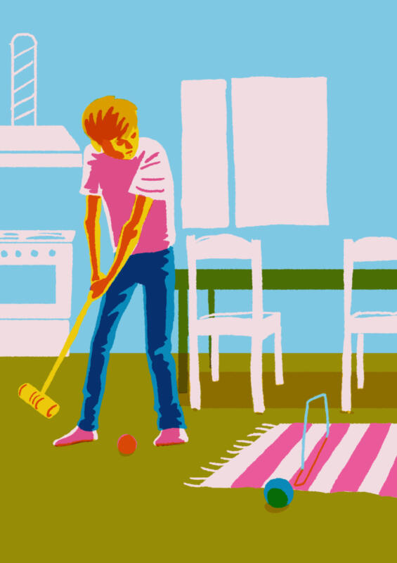 Man playing croquet in the living room