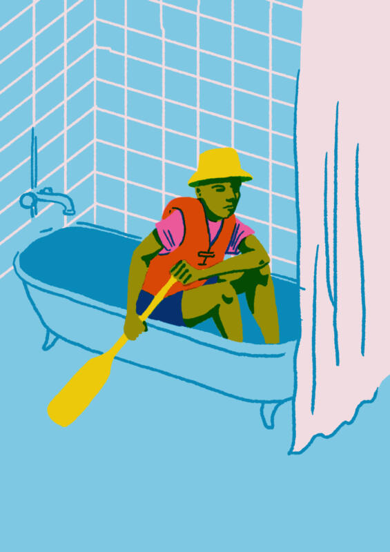 Man paddling in the bathtub like it's a canoe