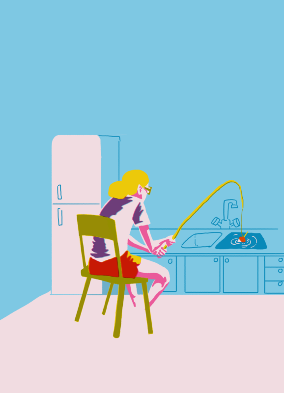 A woman fishing in the kitchen sink