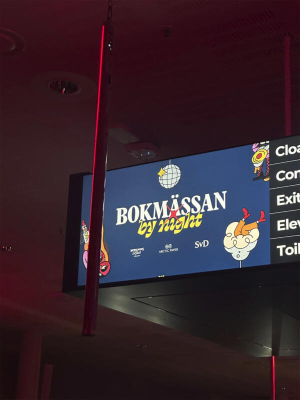 Animation med illustrerade element som visades på bildskärmar under eventet Bokmässan by night 2023.