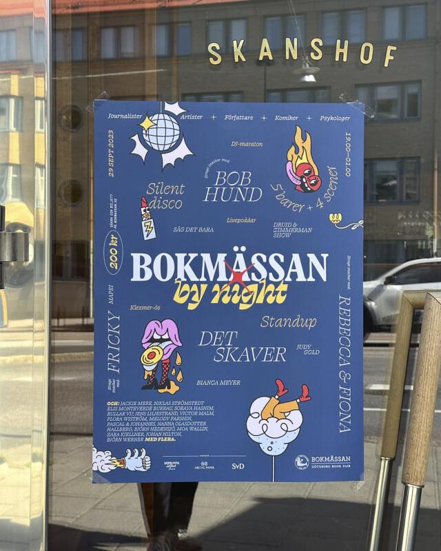 Illustrearad affisch åt Bokmässans efterfest 'Bokmässan by night 2023'.