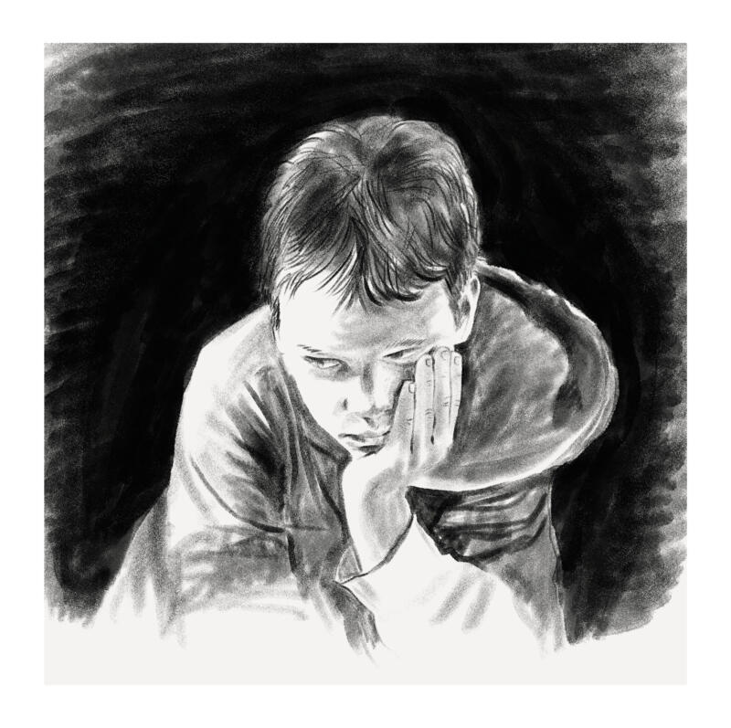 Porträtt av en deprimerad ung pojke som lider av psykisk ohälsa. Blyerts.
