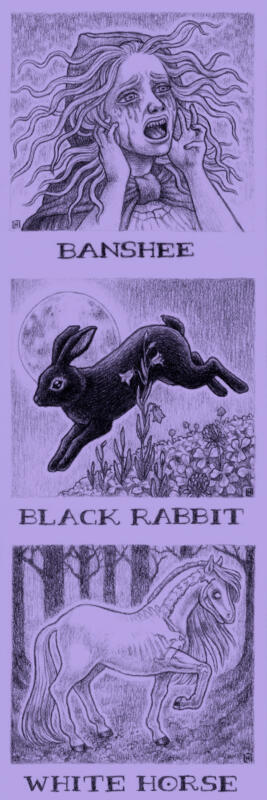Three illustrations of a shrieking banshee, a black rabbit, and a white ghost horse.
