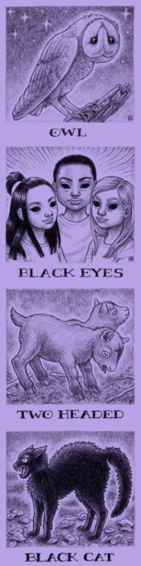 Four illustrations of an owl, three children with black eyes, a baby goat with two heads, and a black cat hissing.