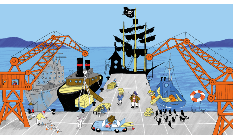 Bild ur barnboken Piraterna och regnbågsskatten föreställande en hamn. Utgiven av Olika förlag 2014.