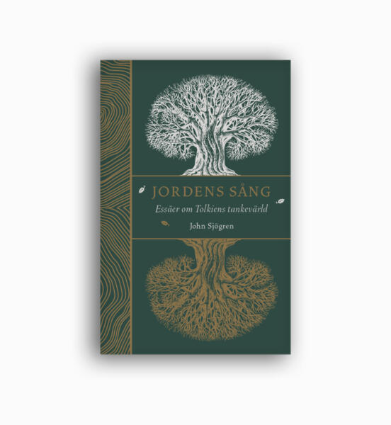 Omslag till boken Jordens Sång av författaren John Sjögren. Det vita trädet är screentryckt med ljust grå PMS-färg, trädet i guld, bladen, och årsringarna är i guldfolie. Boken är utgiven på Fri Tanke förlag. 