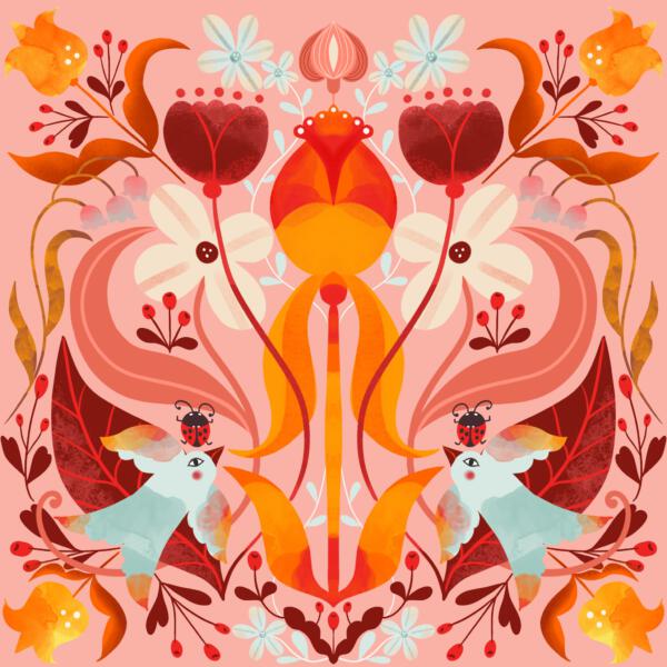 Fashion, stationery and textile pattern print design with birds, berries and leafs.