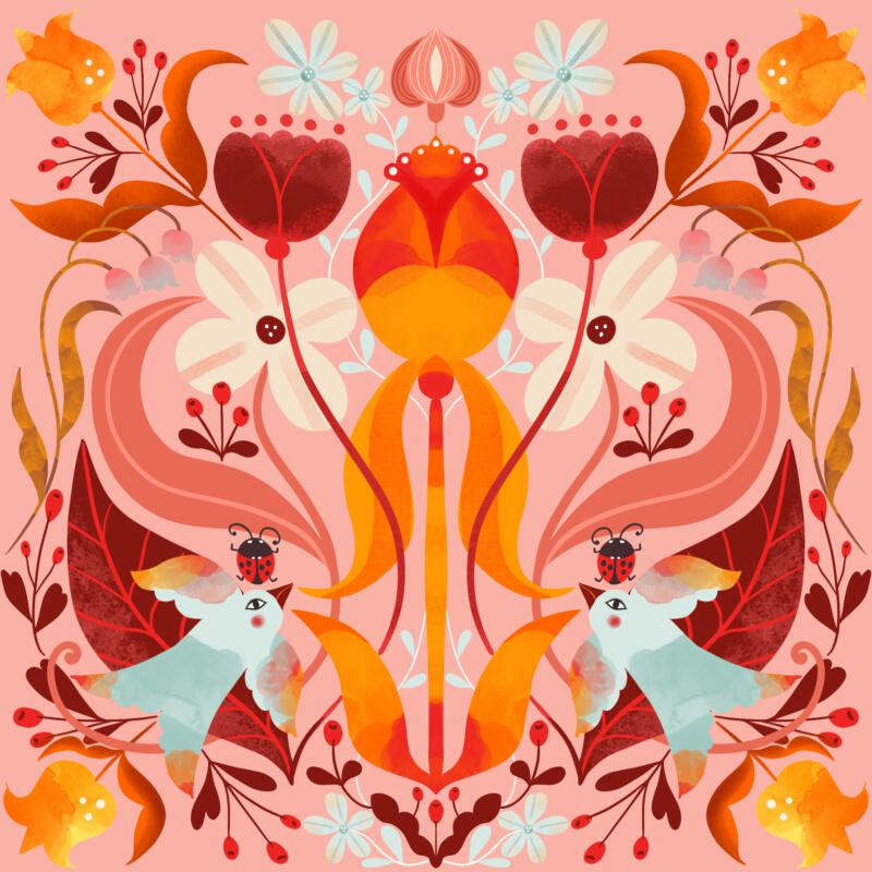 Fashion, stationery and textile pattern print design with birds, berries and leafs.