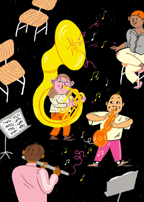 Kulturskolan. Digital illustration med barn i en båsorkester som spelar tuba, trumpet och tvärflöjt.