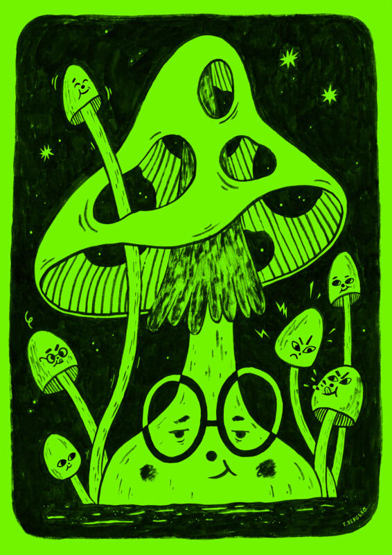Illustration i tusch på fluorescerande papper, en trött svampförälder och massa syskon runtomkring.