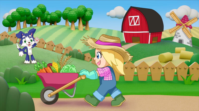 Tecknad söt flicka i mangastil som kör en skottkärra fylld med grönsaker, tillsammans med vinkande blå hund på en bondgård.