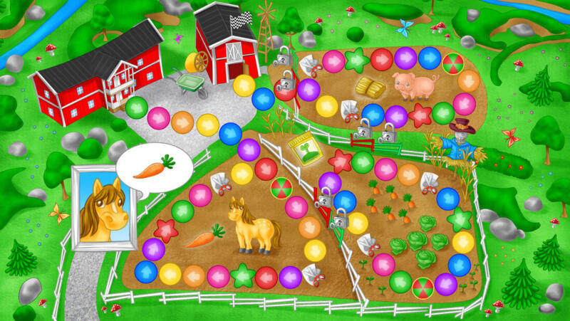 Brädspelsplan med bakgrund av en bondgård med ett grönsaksland, en häst, gris och fågelskrämma