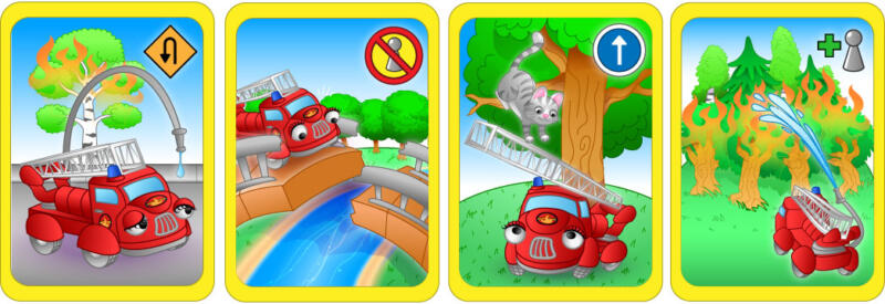 Olika kort med tecknad brandbil som får slut på vatten, åker på trasig bro, räddar katt ur träd och släcker skogsbrand