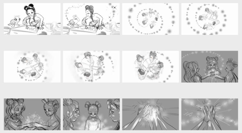 Bilder från storyboard som visar en flicka som målar tillsammans med sin sköldpadda, sedan fem flickor som samlas kring ett glittrande ljus och slår samman händerna.