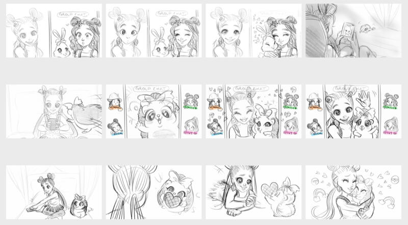Bilder från storyboard som visar flickor i videosamtal tillsammans med sina husdjur, en igelkott och en kanin. Igelkotten ger ett hjärta till flickan som kramar den.
