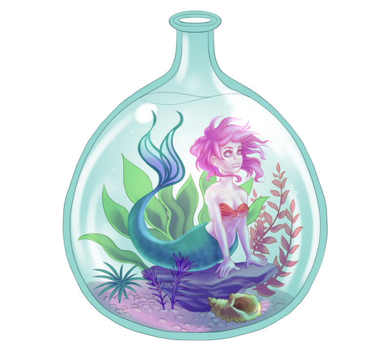 Teckning av en sjöjungfru på en sten inuti en flaska med sjögräs, stenar och en snäcka