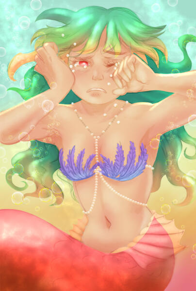Teckning av sjöjungfru i mangastil som gråter pärlor