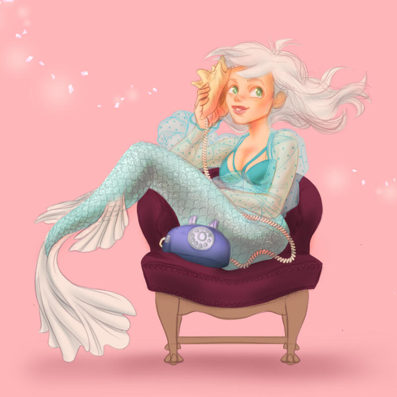 Teckning av sjöjungfru som sitter i fåtölj och ringer på en telefon med stor snäcka som lur
