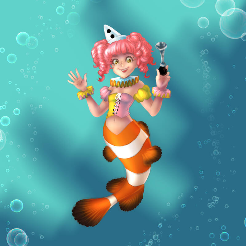 Teckning av sjöjungfru i mangastil som har en clownfiskstjärt, clownkläder och tuta