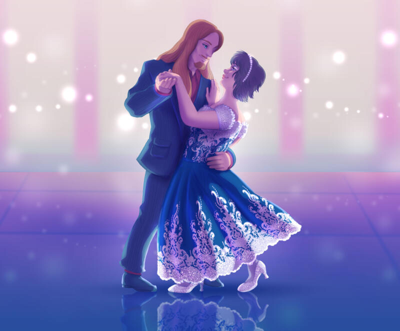 Teckning av en drömsk scen med en långhårig man som dansar med en korthårig kvinna i vacker klänning
