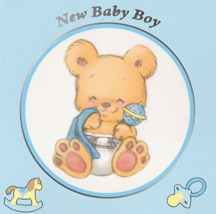 Tecknad baby nalle i blöja med blå snuttefilt och skallra, med gunghäst och napp brevid.