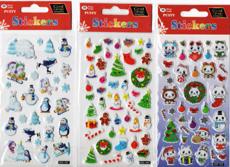 Tre uppsättningar av klistermärken med tecknade gulliga djur i vinter- och jultema.